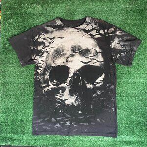 Vintage Y2K Gothic Skull Bats AOP T-Shirt All Over Print Mall Goth Halloween M